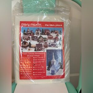 New Vintage Mary Maxim Plastic Needlepoint Musical Village Hotel Kit 80269